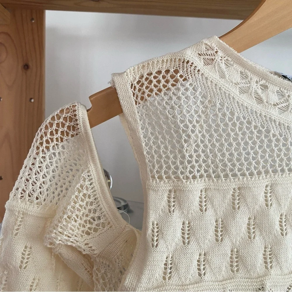 Zara Cream Pointelle Knit Crochet Cutout Long Sleeve Crop Top